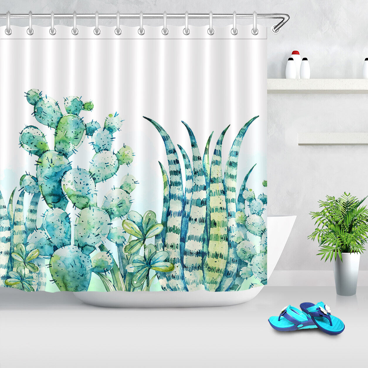 Succulent Plants and Cactus Shower Curtain with Tropical Leaves Design, Waterproof Fabric