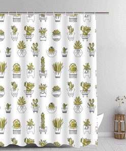 Succulent Potted Plant Cactus Shower Curtain, Botanical Artwork For Nature Lovers' Bathroom 