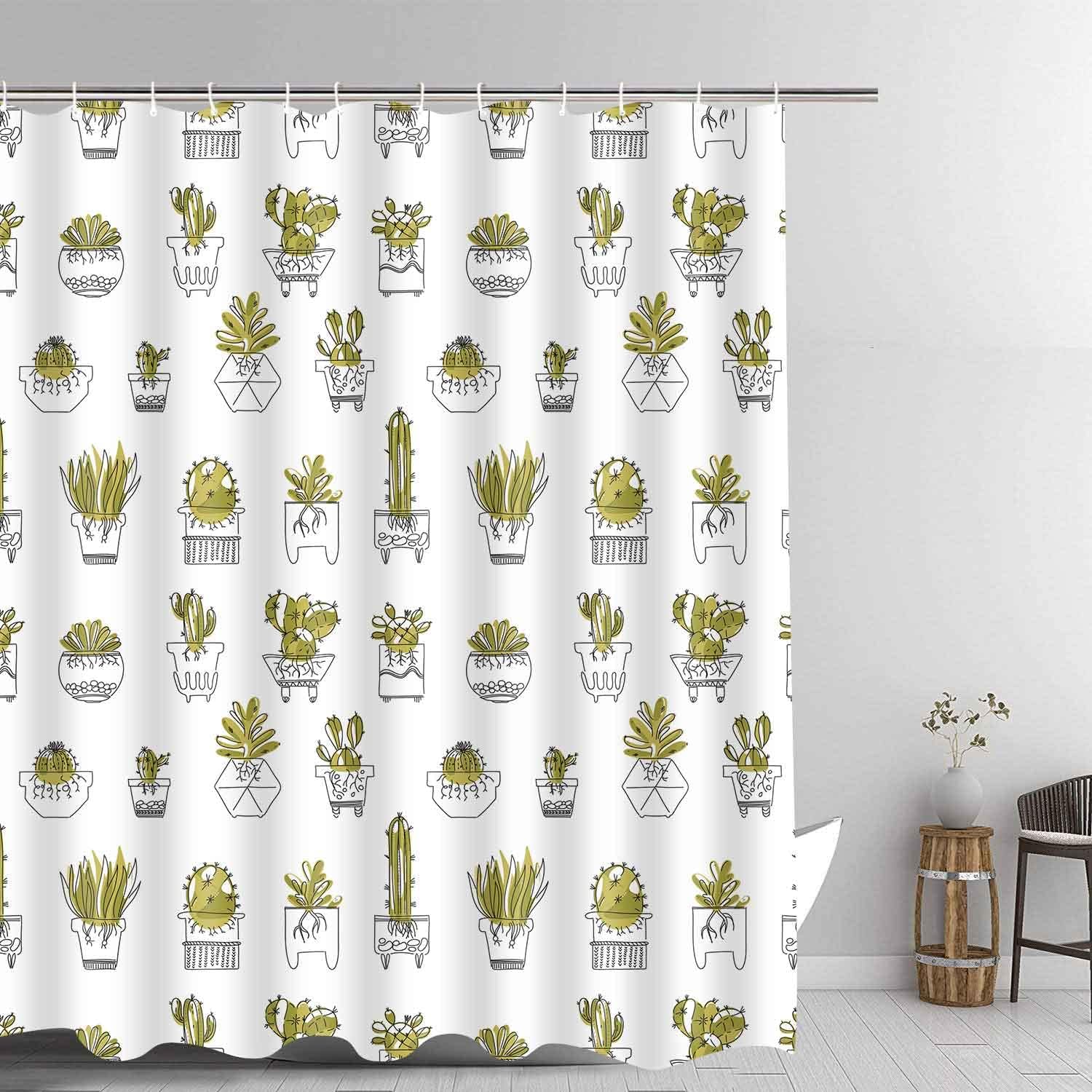 Succulent Potted Plant Cactus Shower Curtain, Botanical Artwork For Nature Lovers' Bathroom