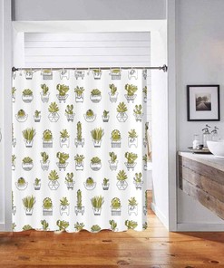 Succulent Potted Plant Cactus Shower Curtain, Botanical Artwork For Nature Lovers' Bathroom