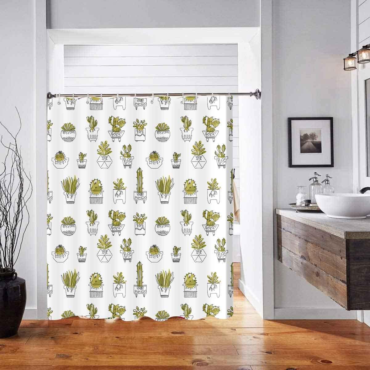 Succulent Potted Plant Cactus Shower Curtain, Botanical Artwork For Nature Lovers' Bathroom