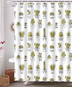 Succulent Potted Plant Cactus Shower Curtain, Botanical Artwork For Nature Lovers' Bathroom