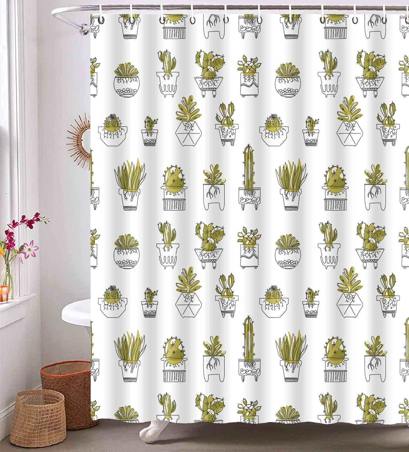 Succulent Potted Plant Cactus Shower Curtain, Botanical Artwork For Nature Lovers' Bathroom