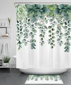 Succulent Print Fabric Shower Curtain for Botanic Bathroom Decor