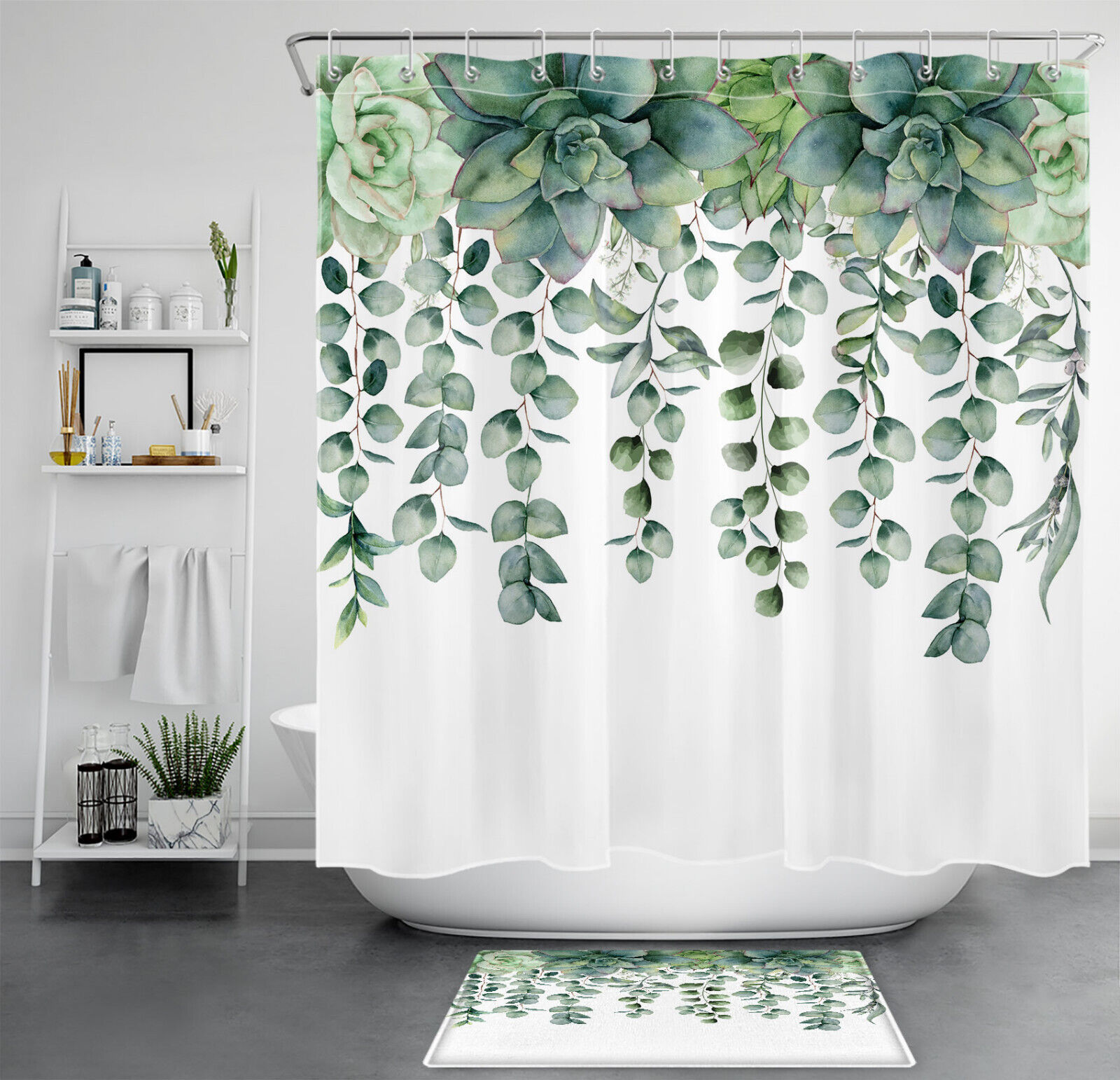Succulent Print Fabric Shower Curtain for Botanic Bathroom Decor