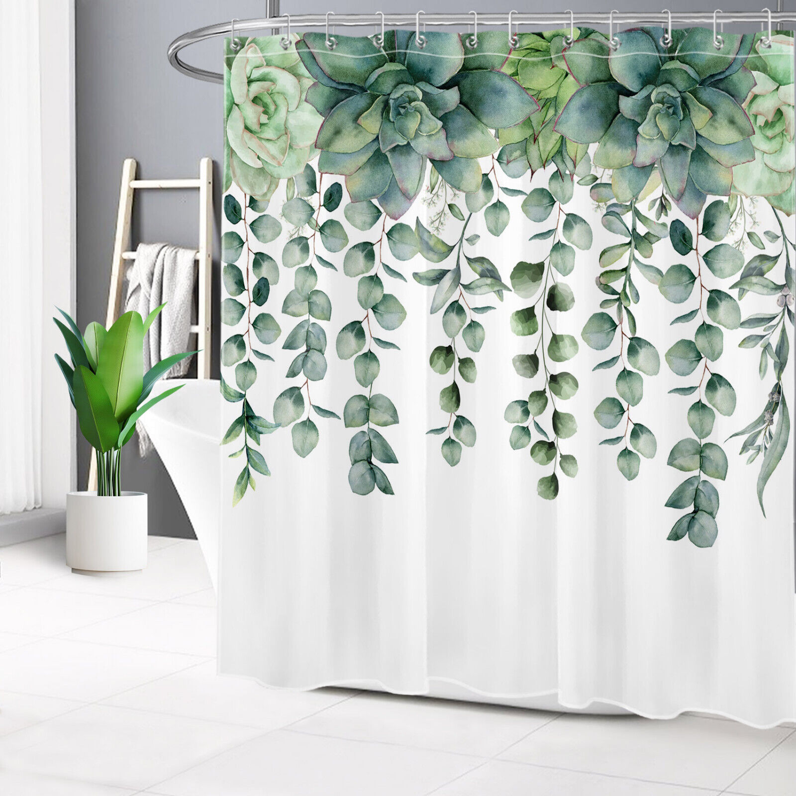 Succulent Print Fabric Shower Curtain for Botanic Bathroom Decor