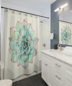 Succulent Shower Curtain, Waterproof Fabric, Botanical Bathroom Decor