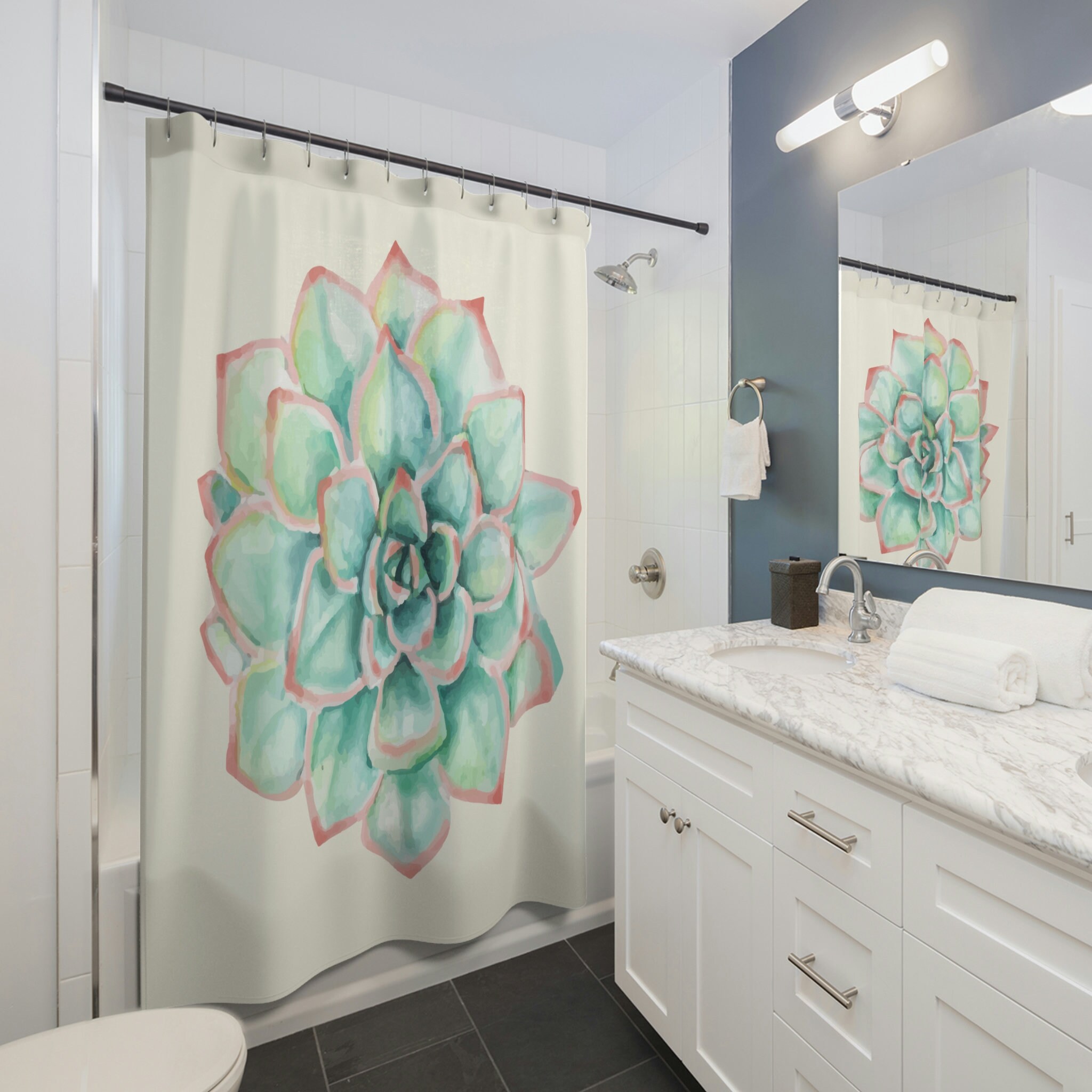 Succulent Shower Curtain, Waterproof Fabric, Botanical Bathroom Decor
