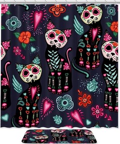 Sugar Skull Cat Flower Shower Curtain, Waterproof Bathroom Curtain