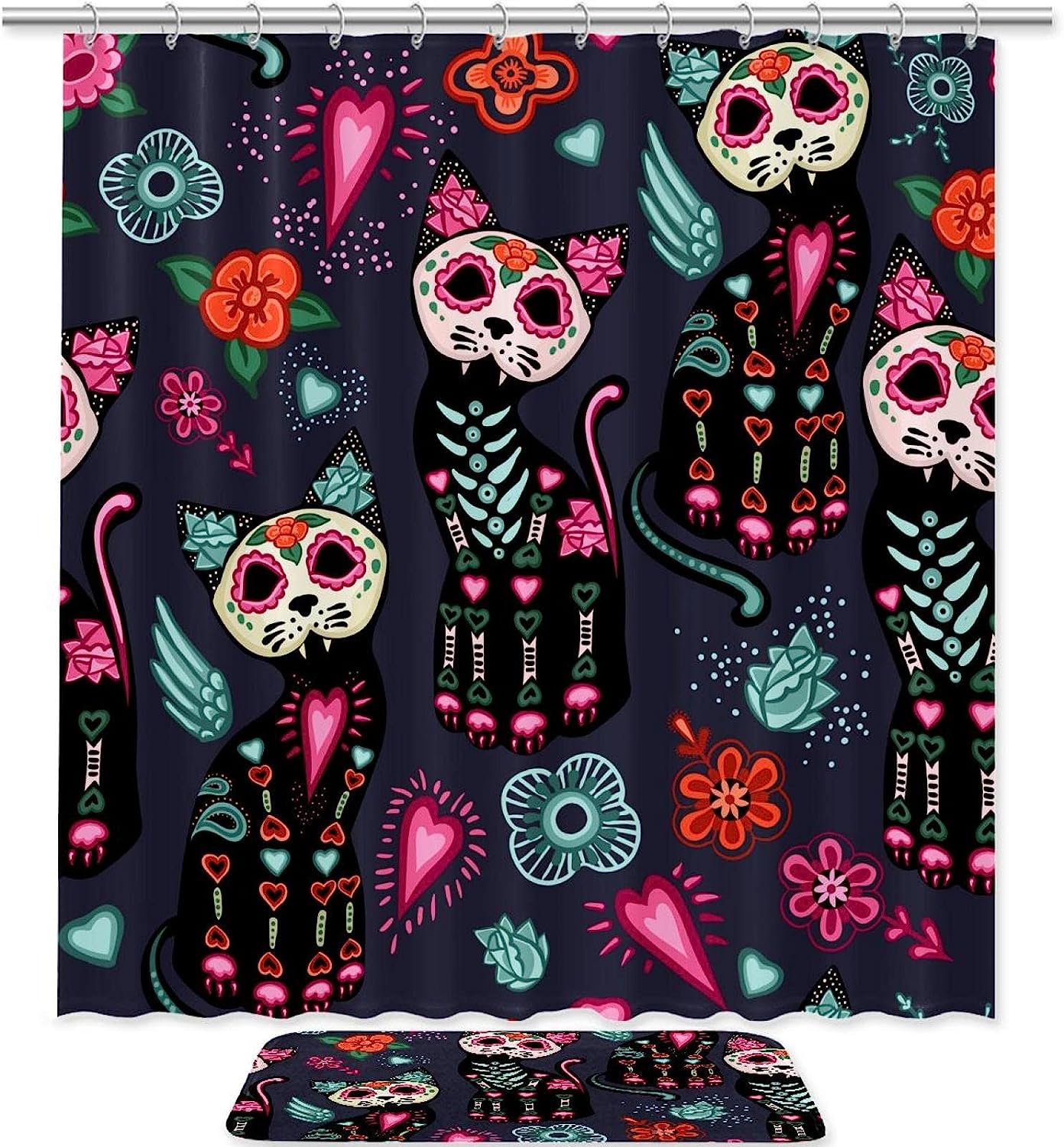 Sugar Skull Cat Flower Shower Curtain, Waterproof Bathroom Curtain