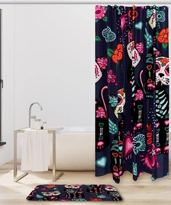 Sugar Skull Cat Flower Shower Curtain, Waterproof Bathroom Curtain