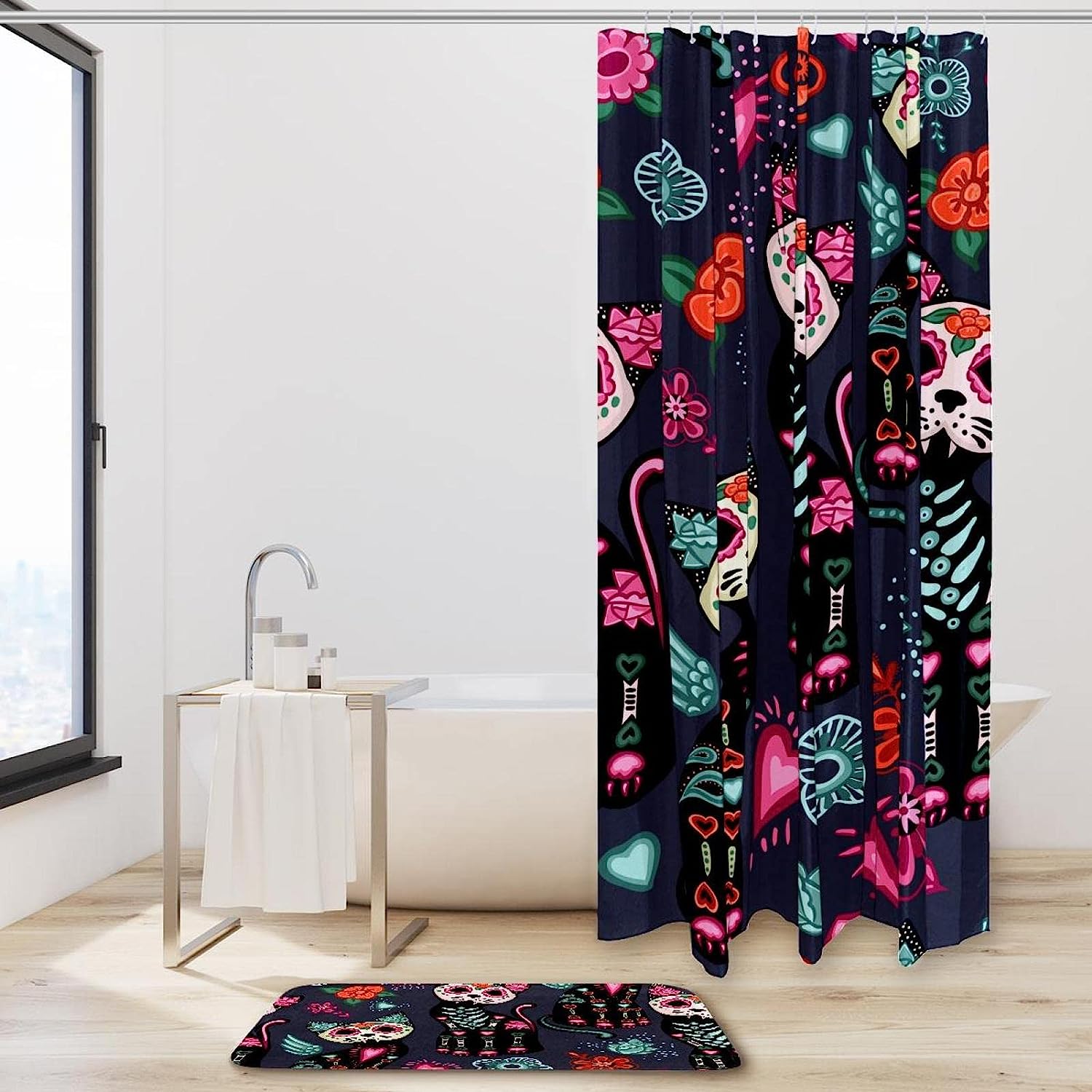 Sugar Skull Cat Flower Shower Curtain, Waterproof Bathroom Curtain