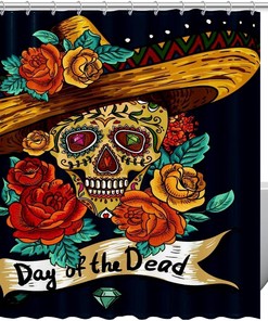 Sugar Skull Flower Rose Mexican Fabric Shower Curtain for Bathroom Decor