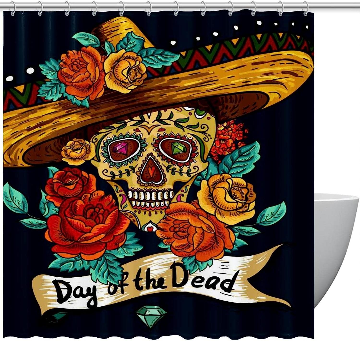Sugar Skull Flower Rose Mexican Fabric Shower Curtain for Bathroom Decor