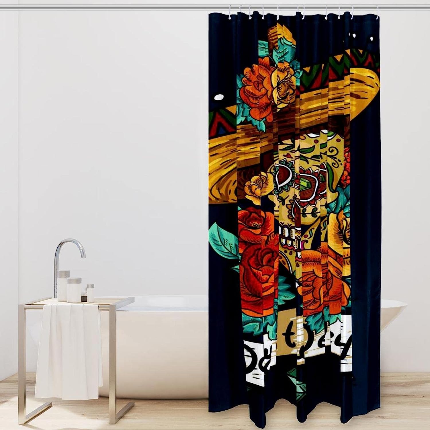 Sugar Skull Flower Rose Mexican Fabric Shower Curtain for Bathroom Decor
