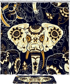Sugar Skull Indian Elephant Print Waterproof Colorful Shower Curtain For A Boho Bathroom Theme
