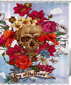 Sugar Skull Rose Flower Print Fabric Shower Curtain for Gothic Bathroom Decor