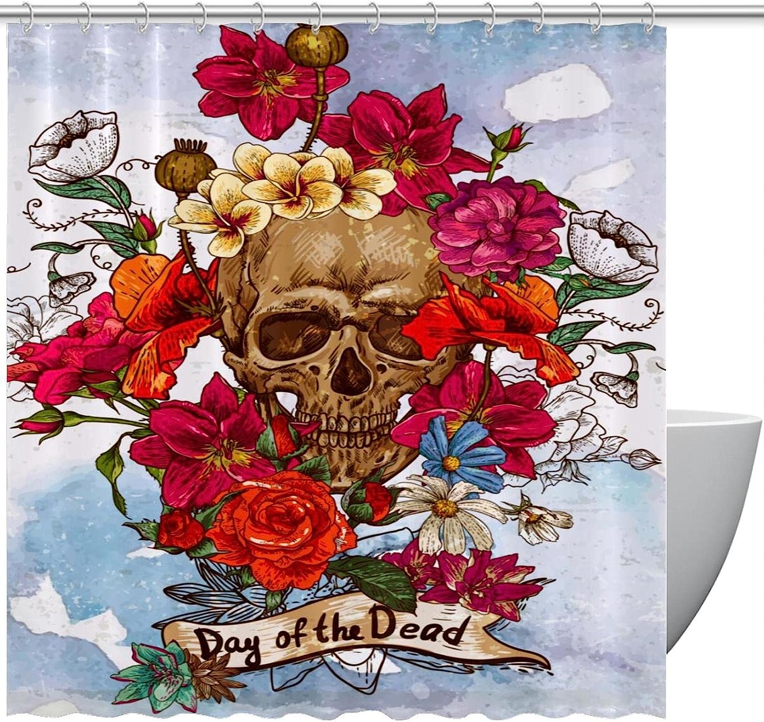 Sugar Skull Rose Flower Print Fabric Shower Curtain for Gothic Bathroom Decor