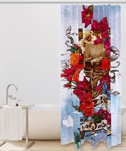 Sugar Skull Rose Flower Print Fabric Shower Curtain for Gothic Bathroom Decor