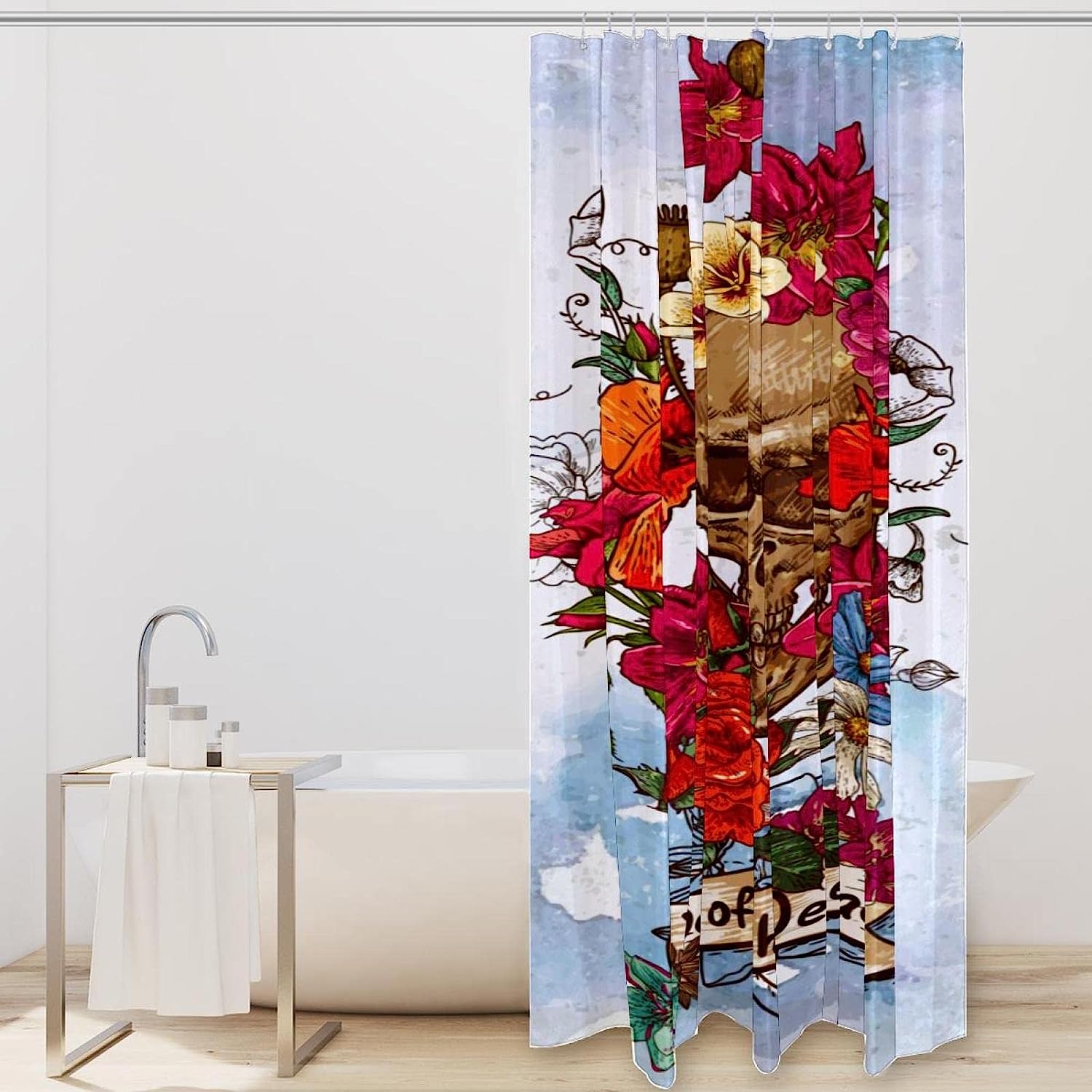 Sugar Skull Rose Flower Print Fabric Shower Curtain for Gothic Bathroom Decor