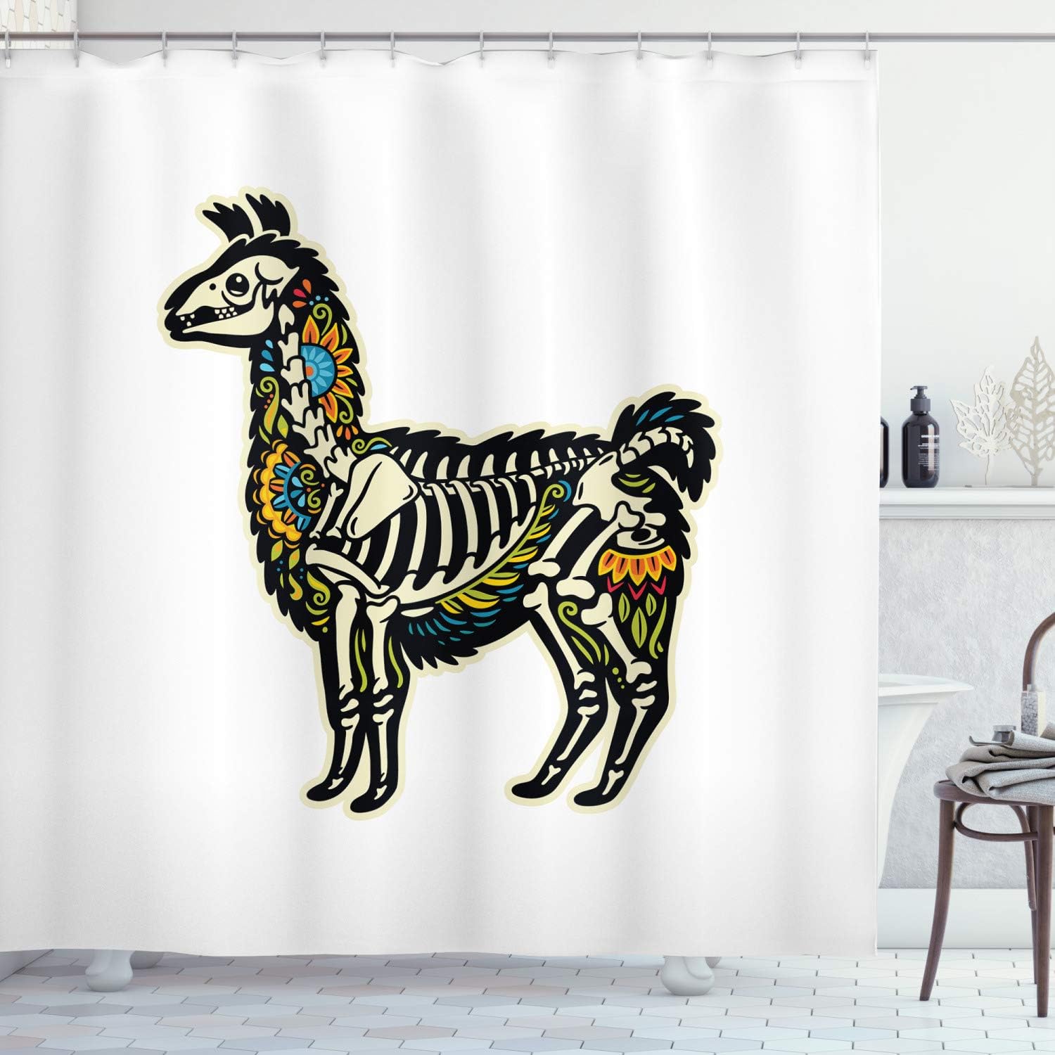 Sugar Skull Style Alpaca Skeleton Shower Curtain With Colorful Floral Details, Cloth Fabric Bathroom Decors