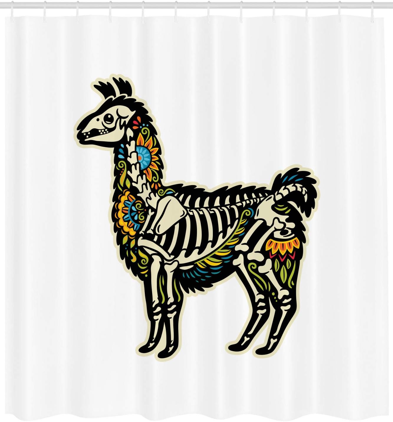 Sugar Skull Style Alpaca Skeleton Shower Curtain With Colorful Floral Details, Cloth Fabric Bathroom Decors - Image 2