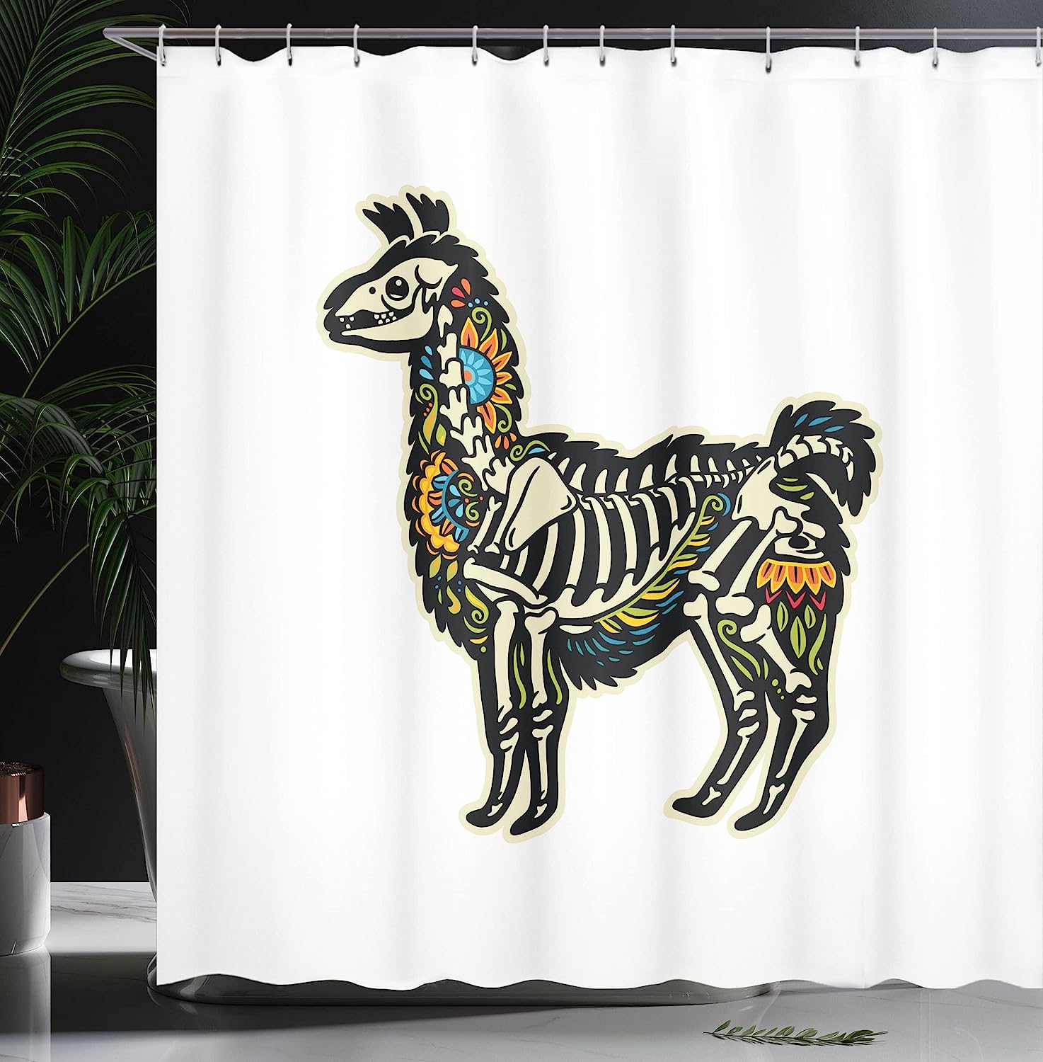 Sugar Skull Style Alpaca Skeleton Shower Curtain With Colorful Floral Details, Cloth Fabric Bathroom Decors - Image 3