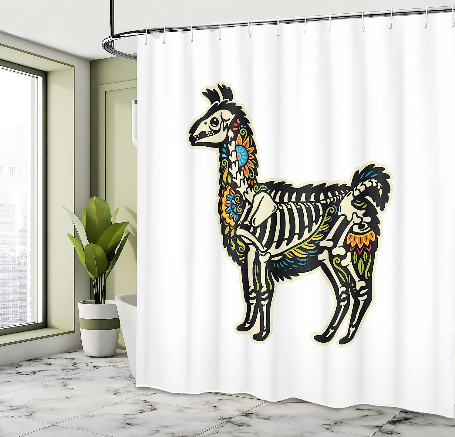 Sugar Skull Style Alpaca Skeleton Shower Curtain With Colorful Floral Details, Cloth Fabric Bathroom Decors - Image 4