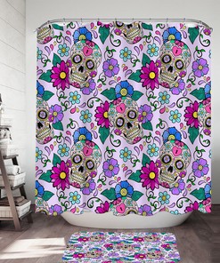Sugar Skulls and Flowers Purplish Shower Curtain Set for Gothic Bathroom Decor with Unique Style 