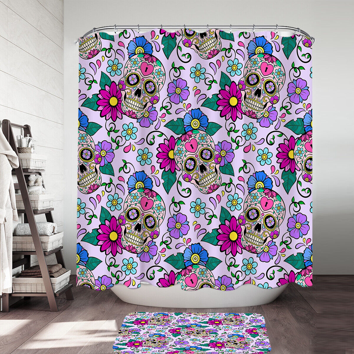 Sugar Skulls and Flowers Purplish Shower Curtain Set for Gothic Bathroom Decor with Unique Style