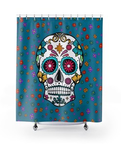 Sugar Skulls and Flowers Shower Curtain in Blue for Bathroom Decor