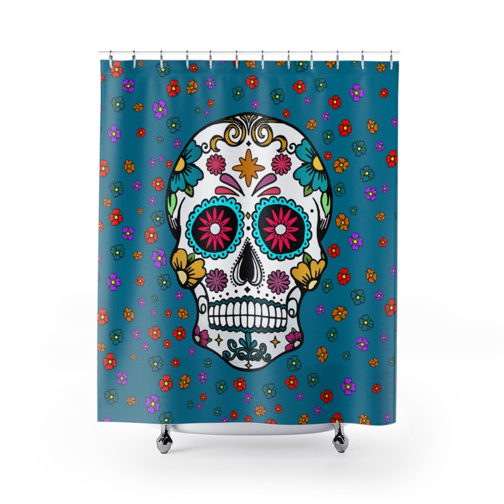 Sugar Skulls and Flowers Shower Curtain in Blue for Bathroom Decor