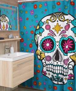 Sugar Skulls and Flowers Shower Curtain in Blue for Bathroom Decor