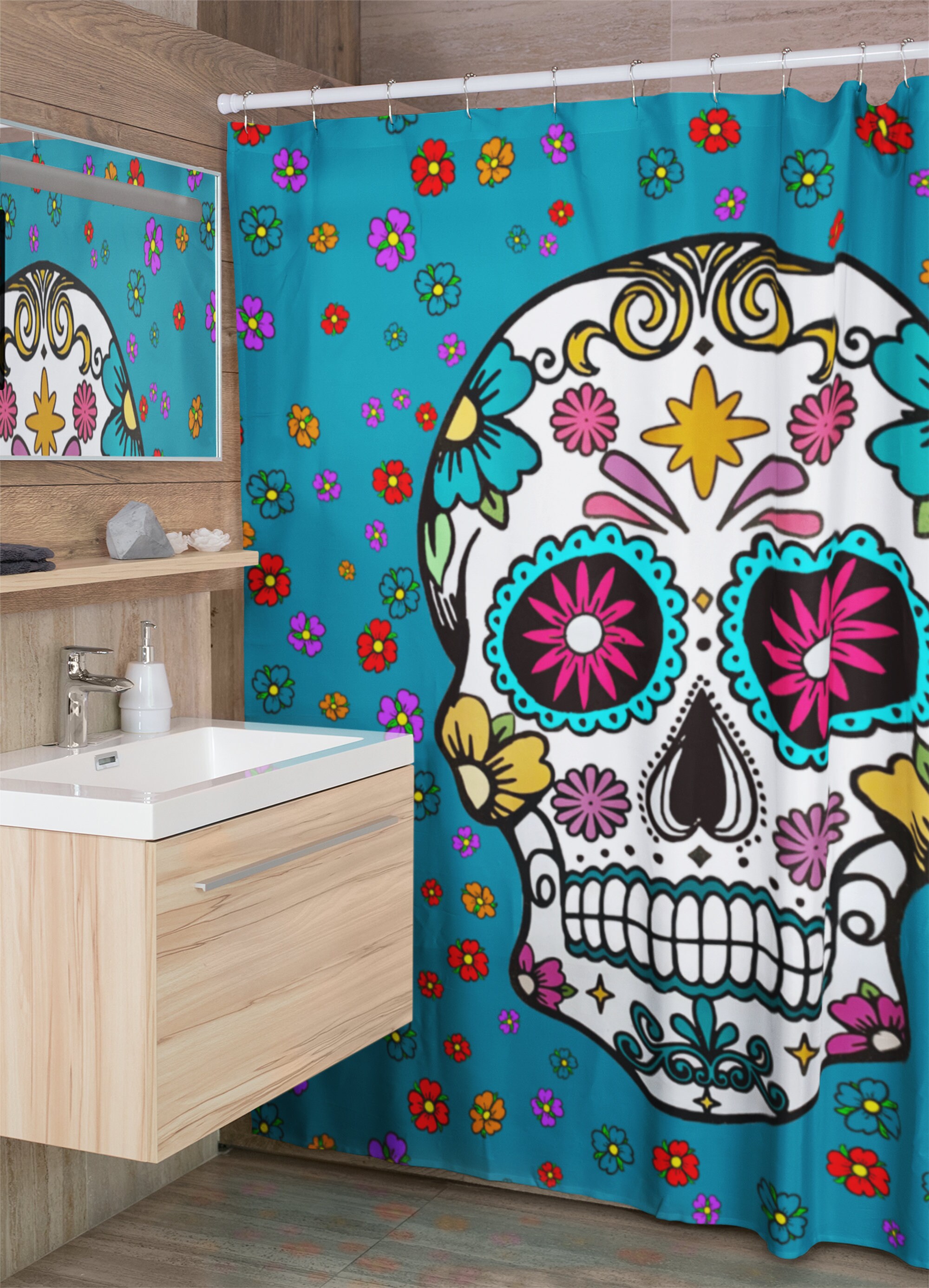 Sugar Skulls and Flowers Shower Curtain in Blue for Bathroom Decor