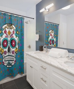 Sugar Skulls and Flowers Shower Curtain in Blue for Bathroom Decor