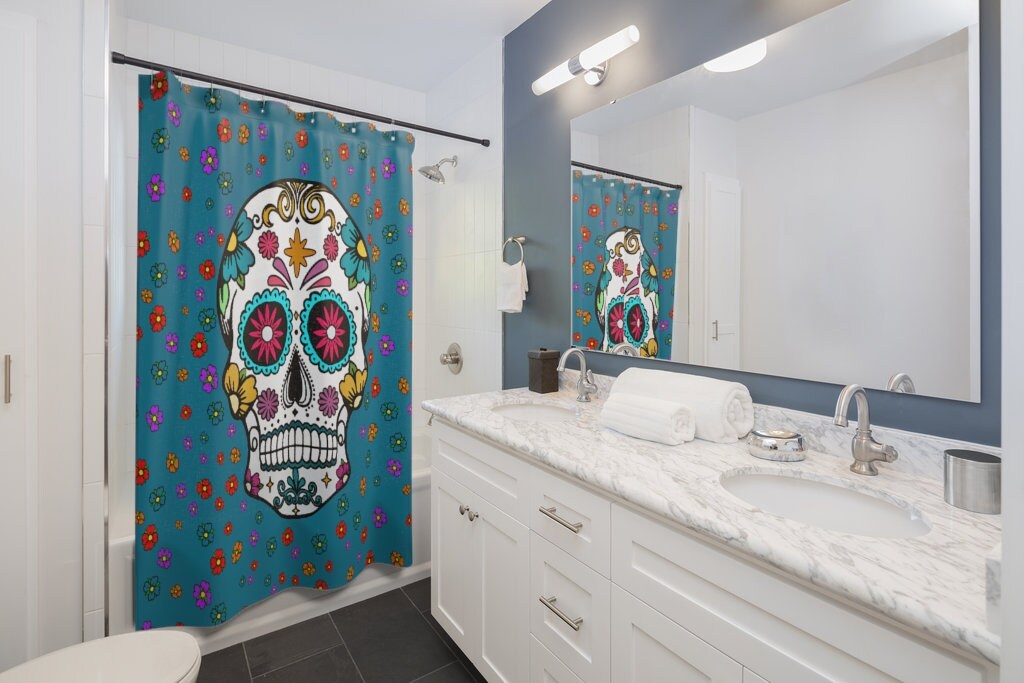 Sugar Skulls and Flowers Shower Curtain in Blue for Bathroom Decor