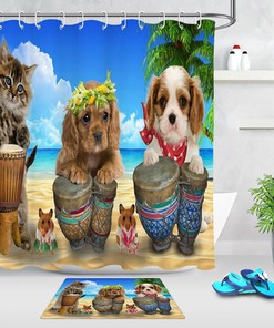 Summer Beach Cute Dog Cat Hawaiian Drum Waterproof Fabric Shower Curtain for Bathroom Decor