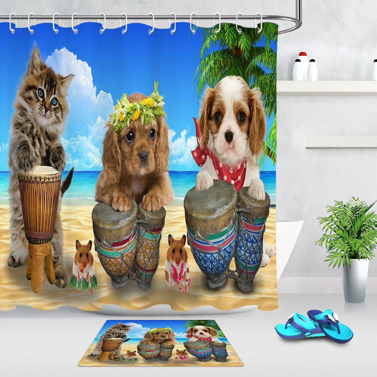 Summer Beach Cute Dog Cat Hawaiian Drum Waterproof Fabric Shower Curtain for Bathroom Decor