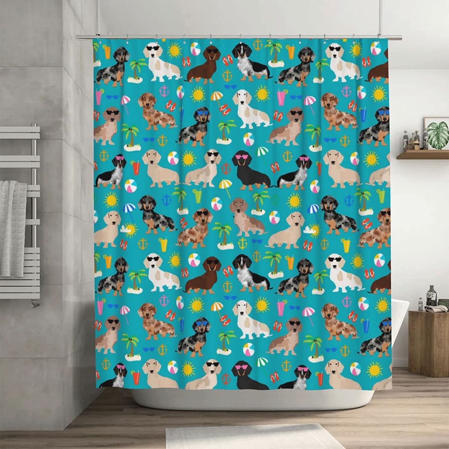Summer Beach Day Dachshund Yomane Shower Curtain for a Fun and Festive Bathroom