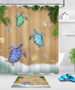 Summer Beach Palm Leaves And Colorful Sea Turtles Shower Curtain For A Calming Bathroom Aesthetic