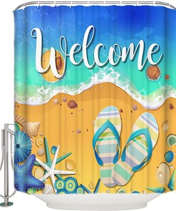 Summer Beach Shower Curtain - LB Welcome Starfish Seashells Slippers Bathroom Decor