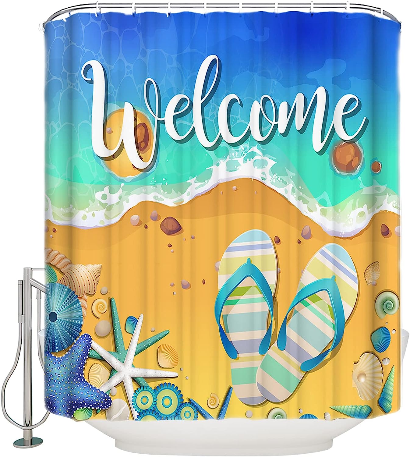 Summer Beach Shower Curtain - LB Welcome Starfish Seashells Slippers Bathroom Decor