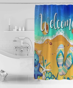 Summer Beach Shower Curtain - LB Welcome Starfish Seashells Slippers Bathroom Decor