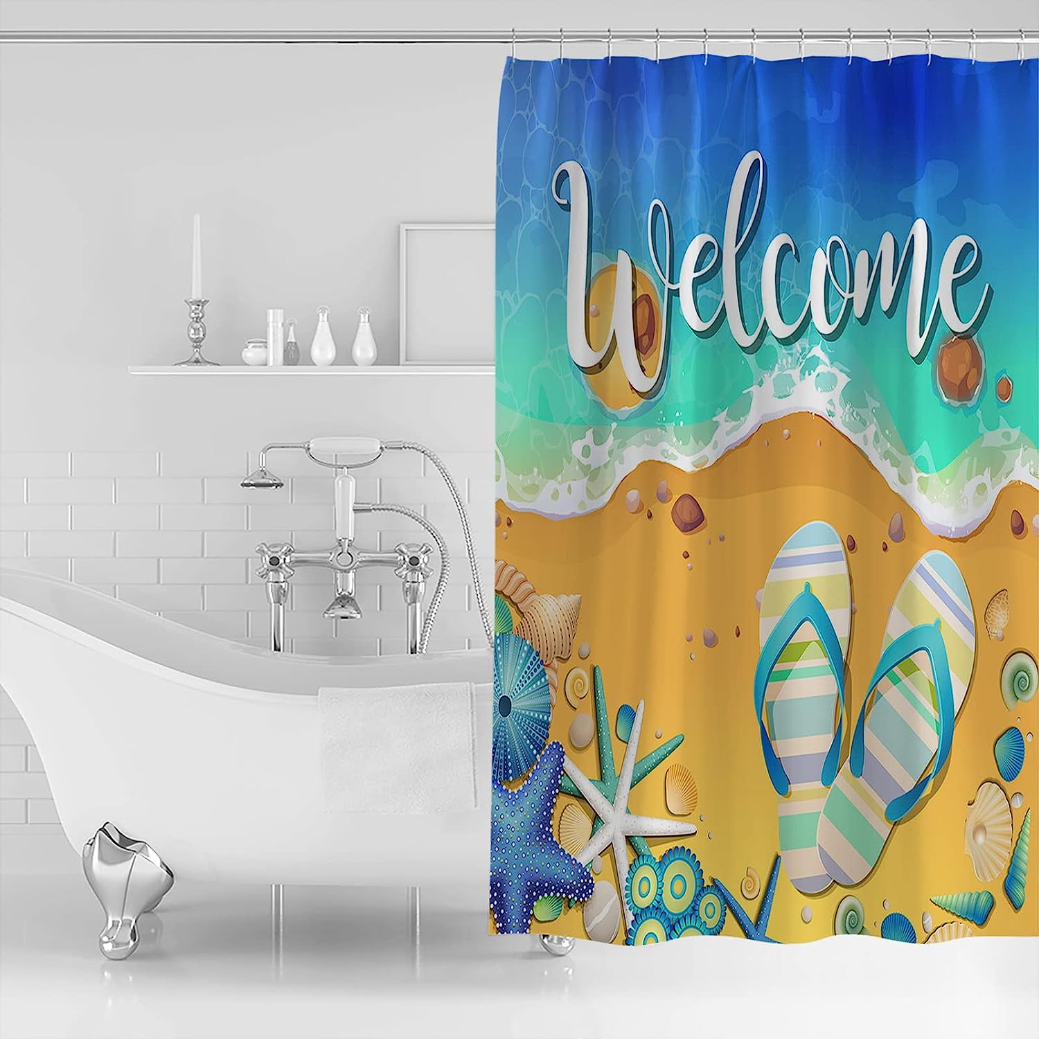 Summer Beach Shower Curtain - LB Welcome Starfish Seashells Slippers Bathroom Decor
