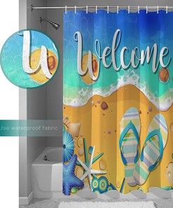 Summer Beach Shower Curtain - LB Welcome Starfish Seashells Slippers Bathroom Decor