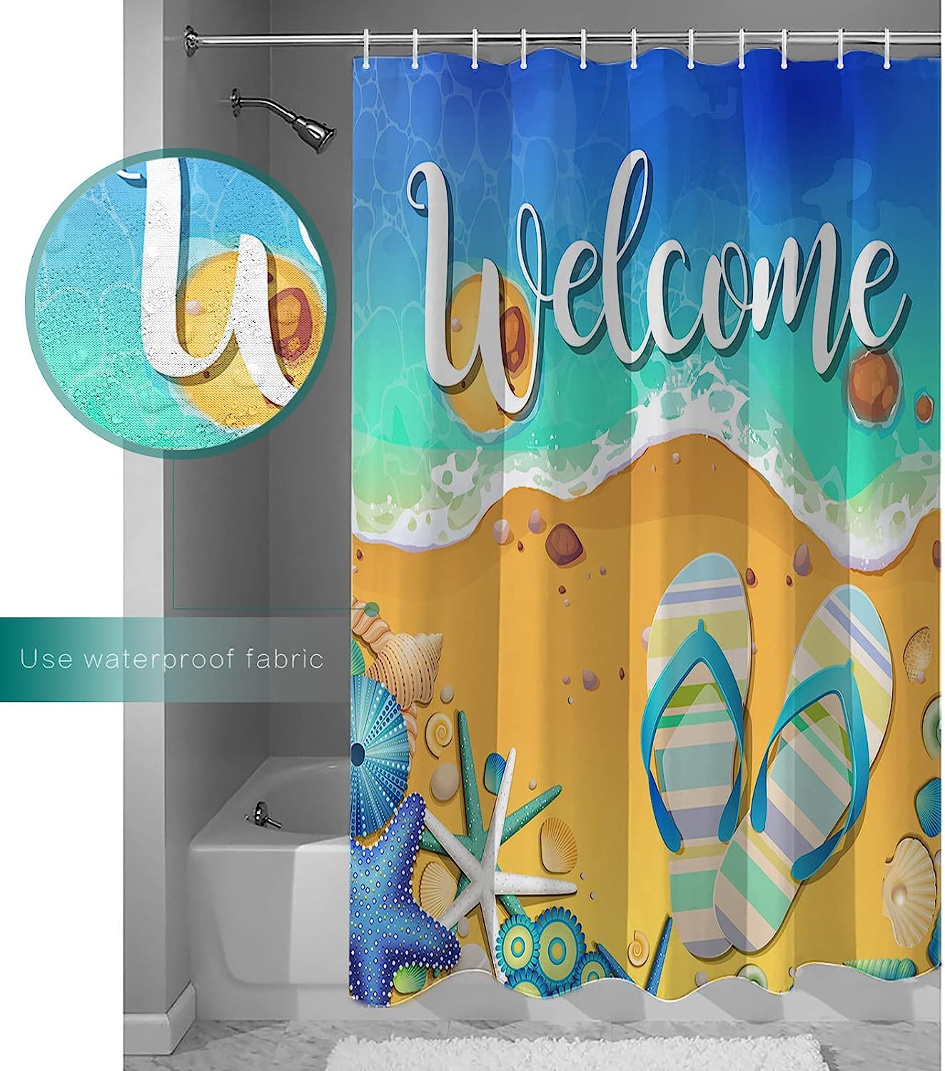 Summer Beach Shower Curtain - LB Welcome Starfish Seashells Slippers Bathroom Decor