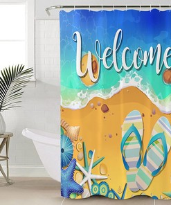 Summer Beach Shower Curtain - LB Welcome Starfish Seashells Slippers Bathroom Decor
