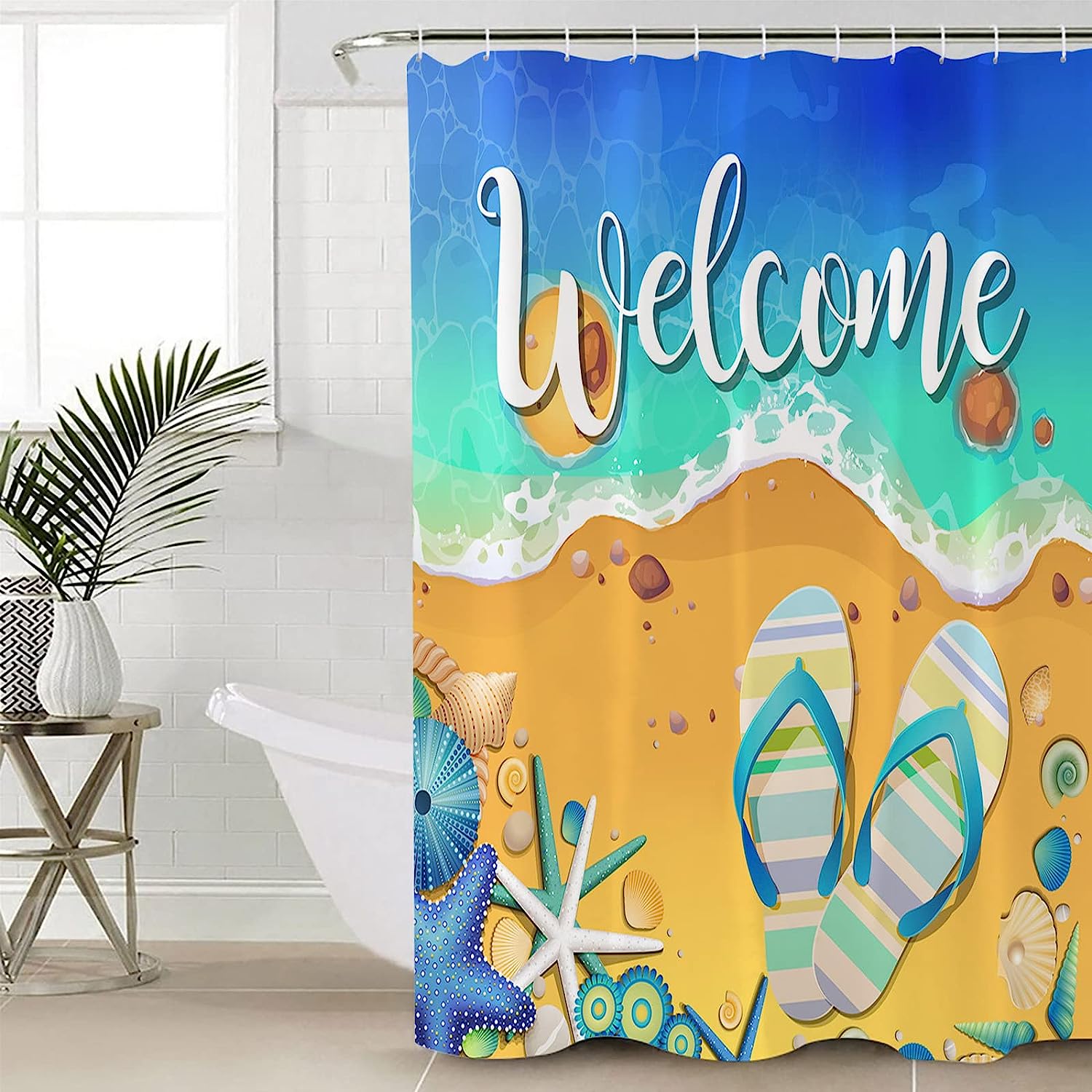 Summer Beach Shower Curtain - LB Welcome Starfish Seashells Slippers Bathroom Decor