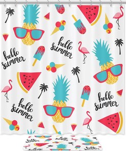 Summer Beach Shower Curtain with Pineapples and Flamingos, Waterproof Bathroom Decor