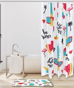 Summer Beach Shower Curtain with Pineapples and Flamingos, Waterproof Bathroom Decor